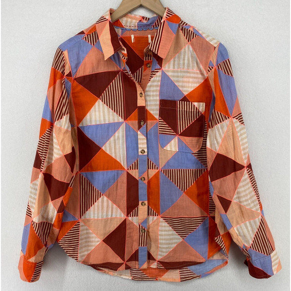 MAEVE ANTHROPOLOGIE Top L Patchwork Shirt Button Front Roll Tab Sleeve Pink Blue - Picture 2 of 16